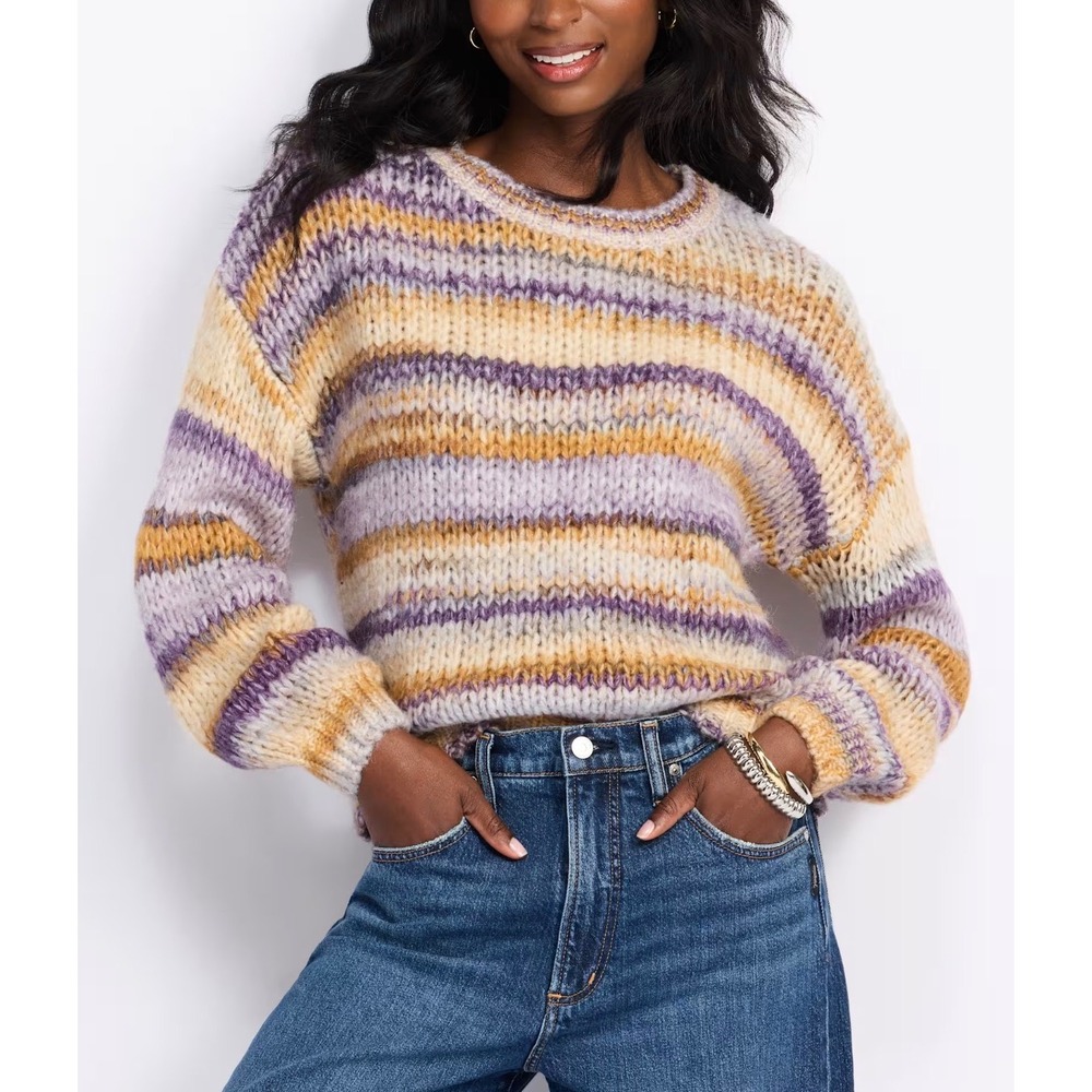 Molly Bracken Womens Striped Chunky Knit Wool Blend Sweater Purple Yellow M